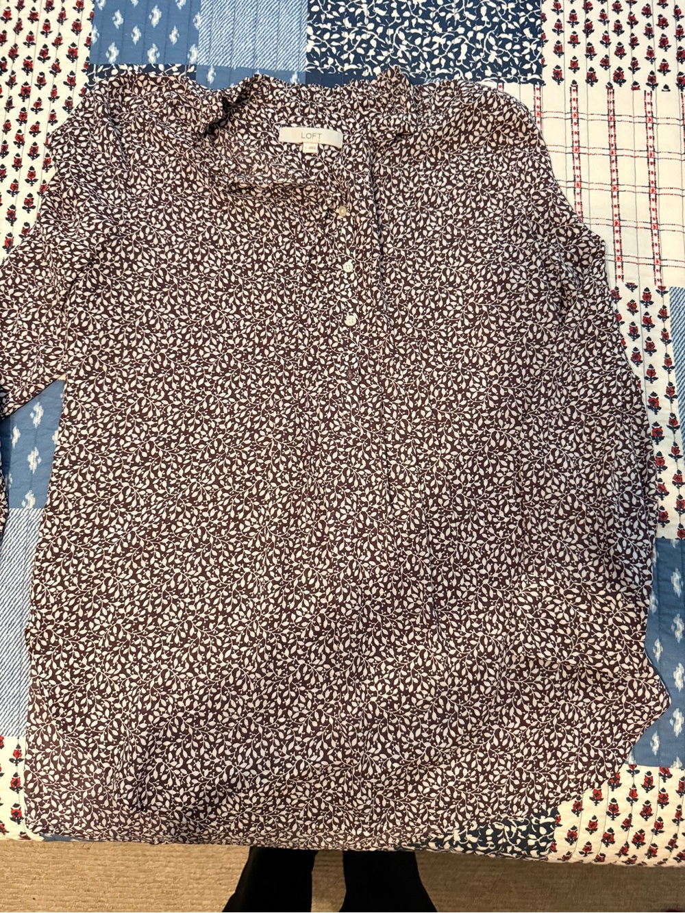 LOFT Brown and Cream Vines Print Pullover Top